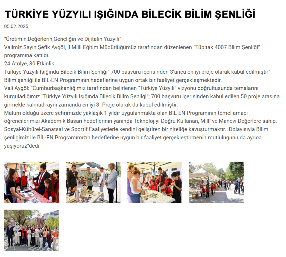 TÜRKİYE YÜZYILI IŞIĞINDA BİLECİK BİLİM ŞENLİĞİ