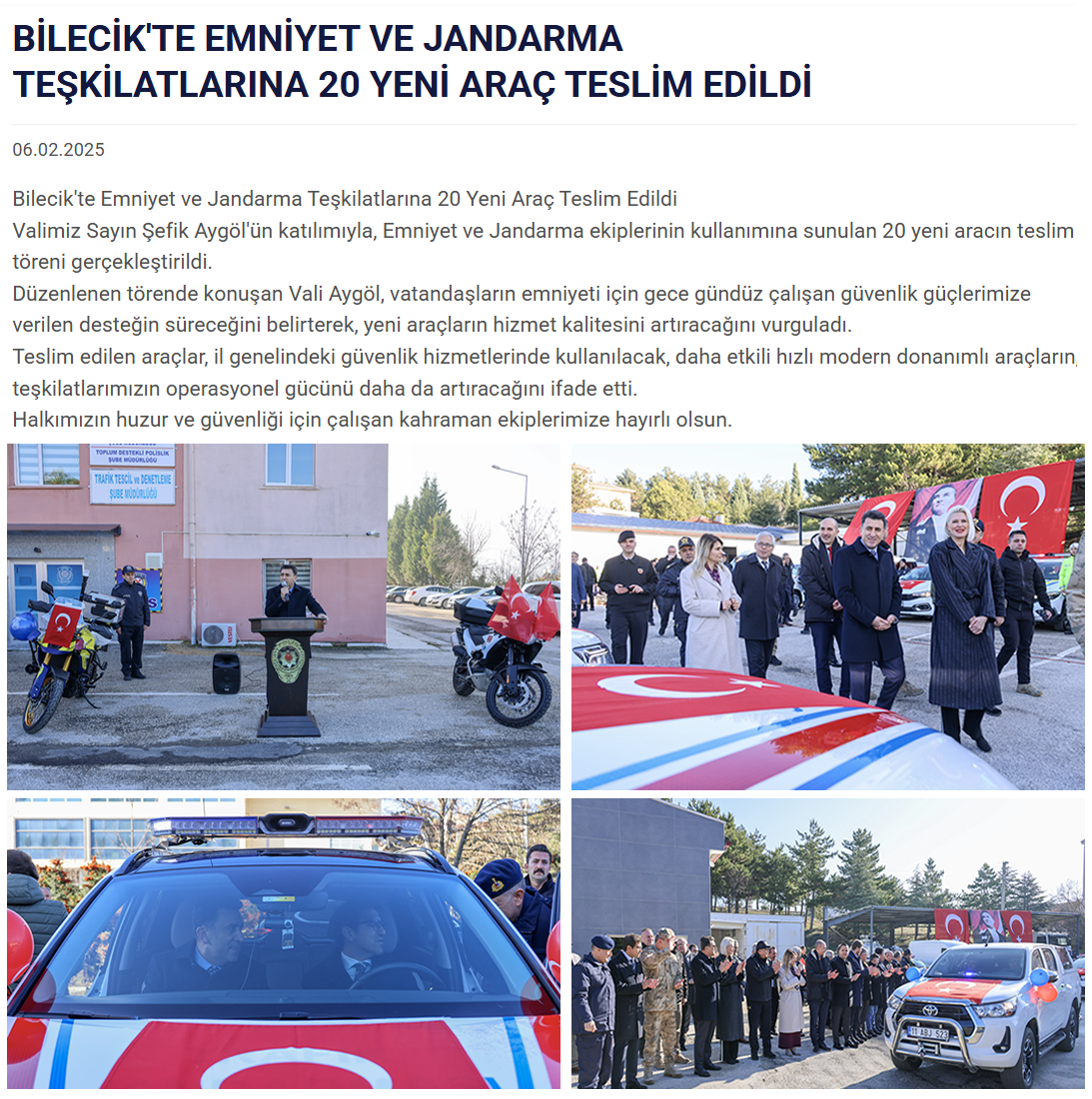 BİLECİK'TE EMNİYET VE JANDARMA TEŞKİLATLARINA 20 YENİ ARAÇ TESLİM EDİLDİ