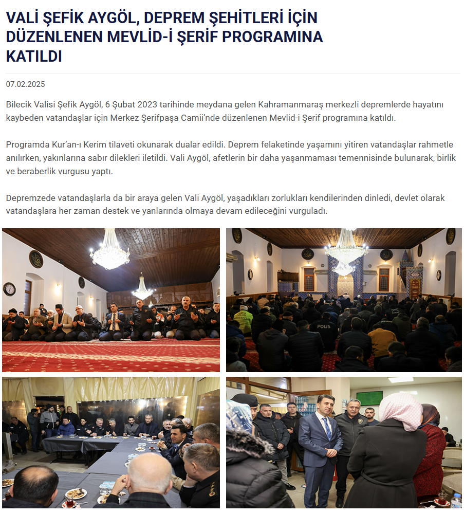 VALİ ŞEFİK AYGÖL, DEPREM ŞEHİTLERİ İÇİN DÜZENLENEN MEVLİD-İ ŞERİF PROGRAMINA KATILDI