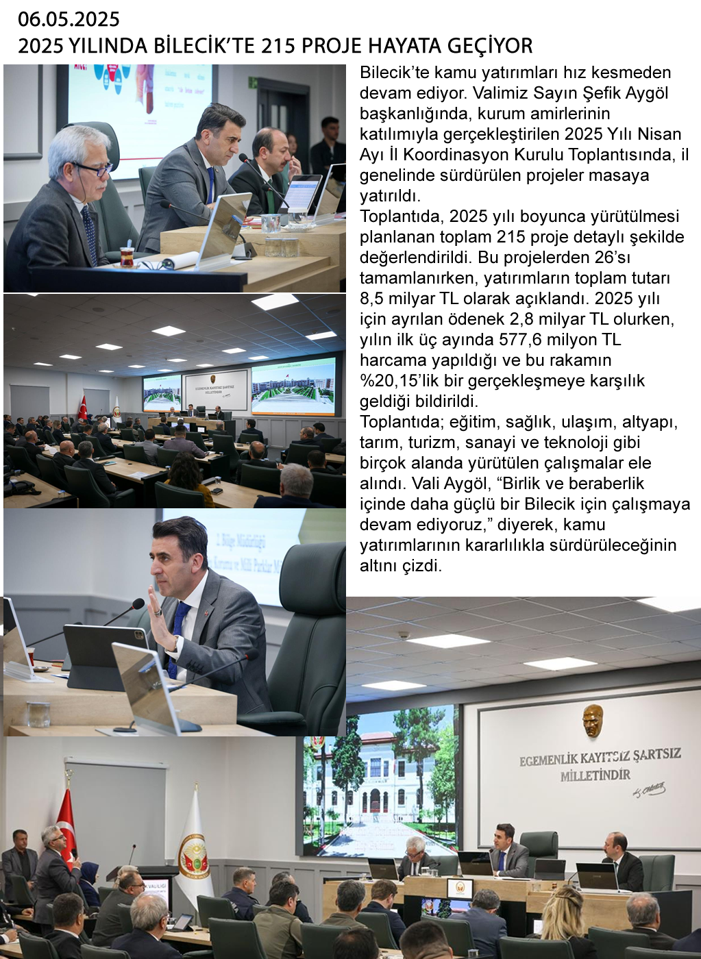 2025 YILINDA BİLECİK'TE 215 PROJE HAYATA GEÇİYOR